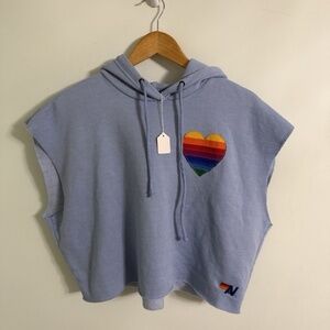 NWT Aviator Nation Rainbow Heart Stitch Sleeveless Relaxed Cropped Hoodie Blue